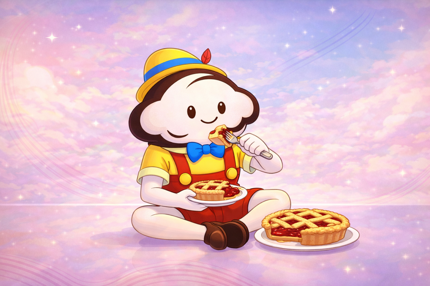 The TART mascot in the clouds, eating a tart