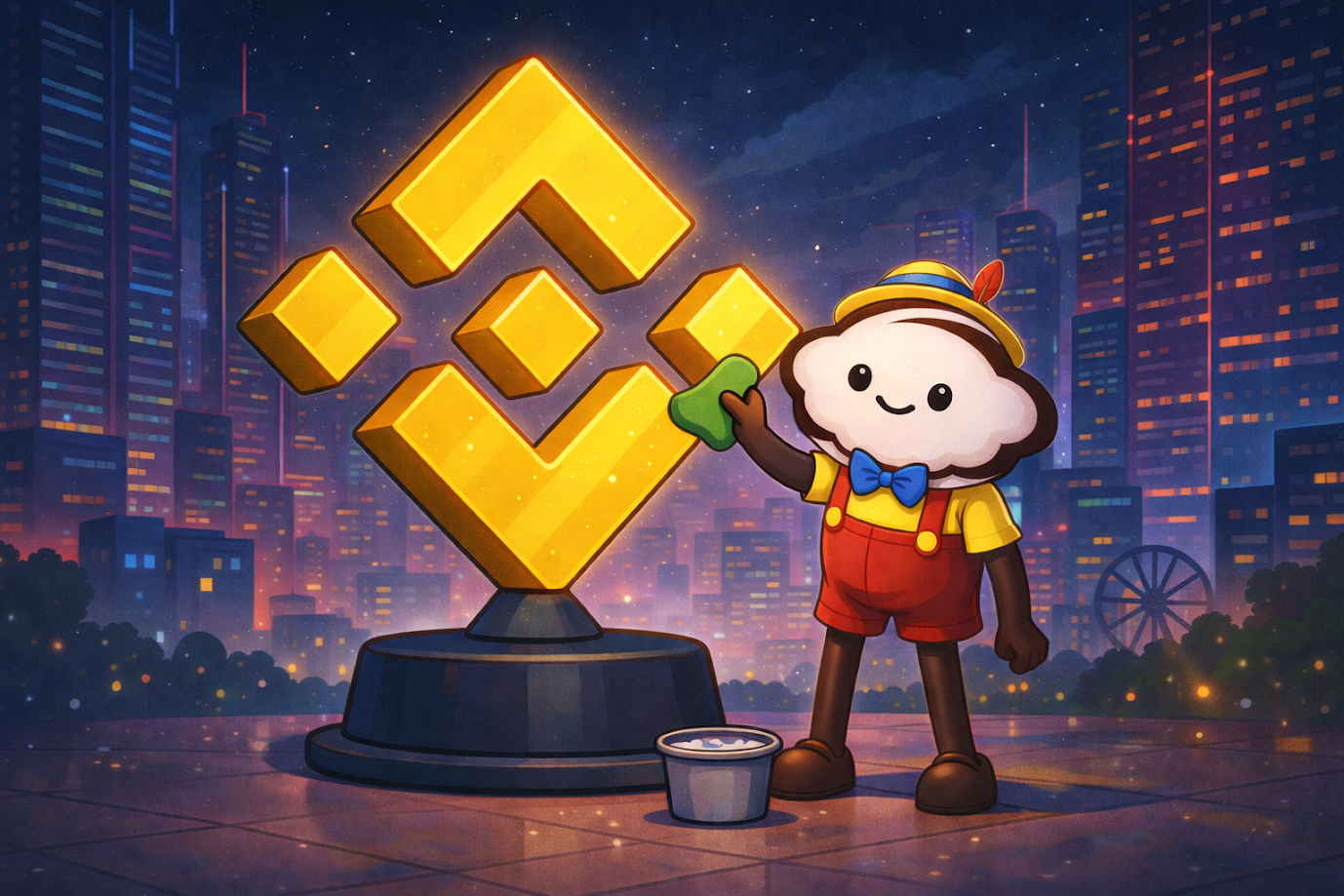 The TART mascot polishing the BNB Chain mark over a night skyline