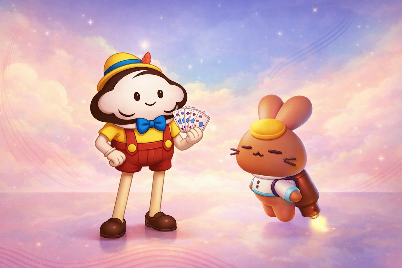 The TART mascot holding cards beside the rocket rabbit